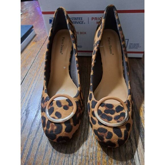 10M Pierre Dumas Cheetah Leopard Wedge High Heel Buckle Detail Brown Black - Picture 2 of 9